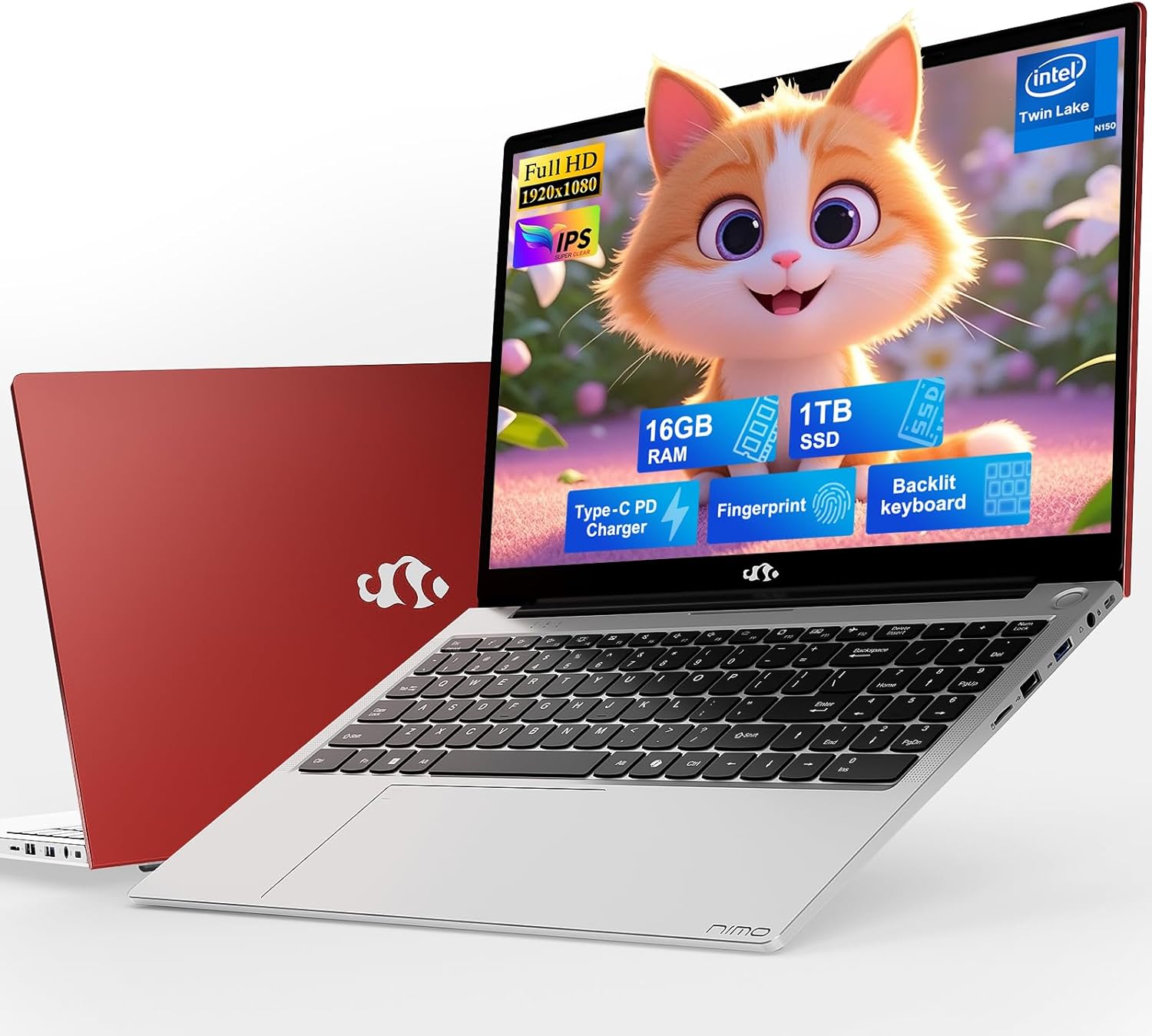 NIMO 15.6" IPS FHD-Student-Laptop, 16GB RAM 1TB SSD Intel N150(Beat i3-10110U, Up to 3.6GHz) Computer with 65W Type-C, Fingerprint, Backlit Keyboard, Wi-Fi 6, BT5.2, for Business and Home