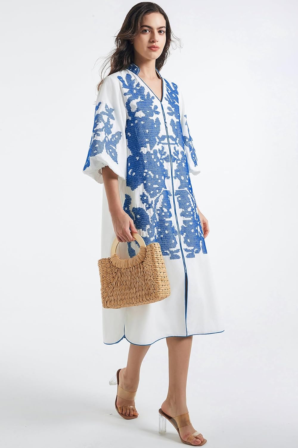 D-Sun Women Floral Embroidery Mid Dress Casual V-Neck 3/4 Sleeves Fall Winter Tunic Loose Zip Party Dress with Pocket - Image 7