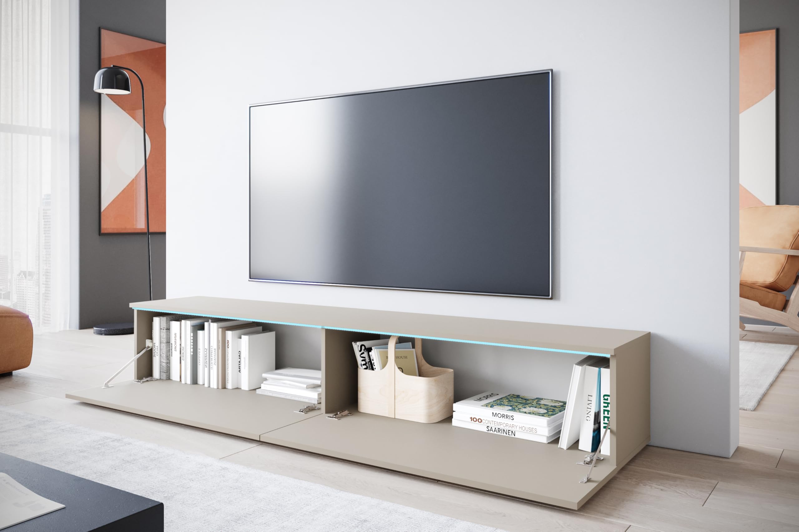 MINIO go for it - Meuble TV Donna Largeur 180 cm Lowboard sans LED | Debout ou suspendu, meuble TV pour le salon, panneau stratifié, couleur : beige cachemire