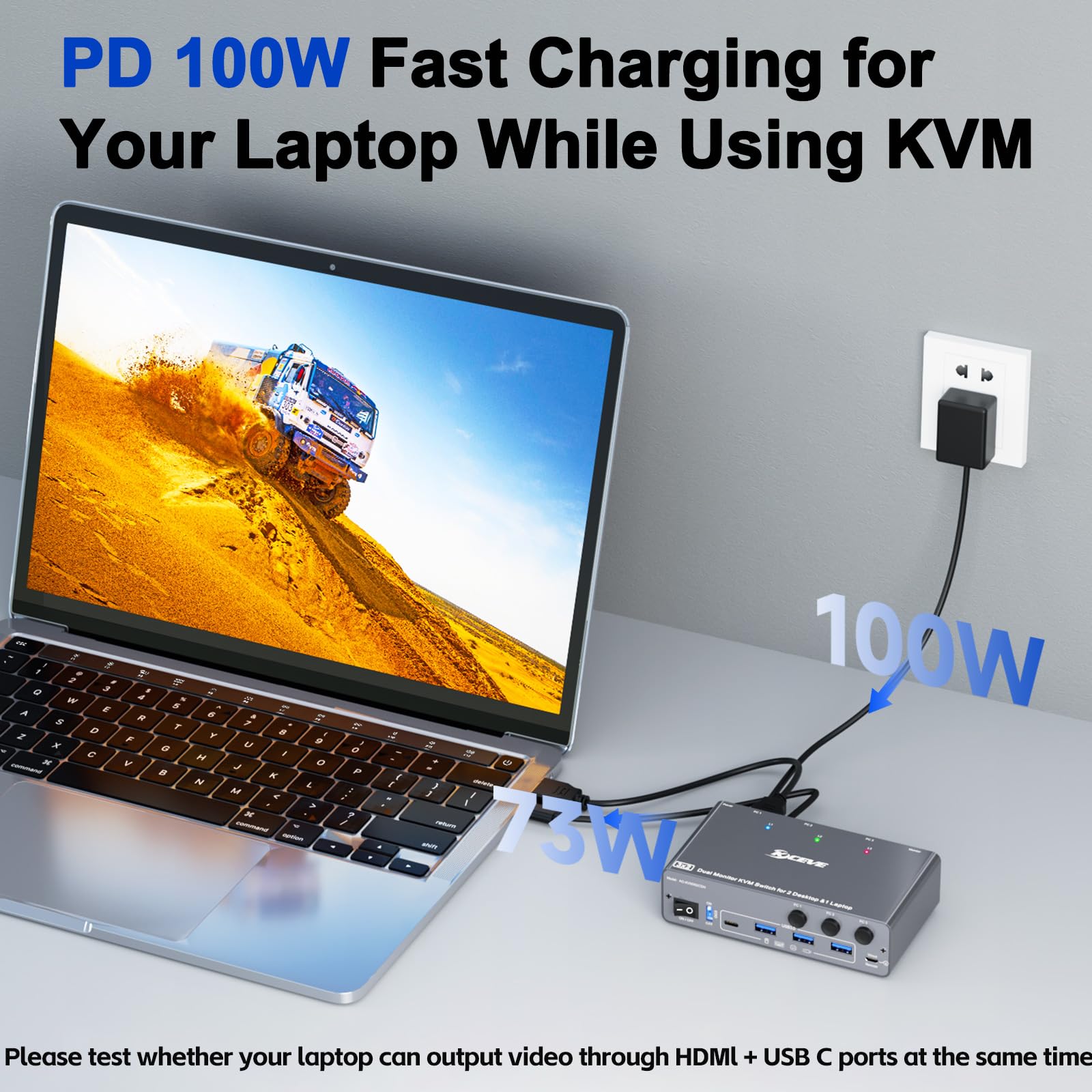 4K/1080P@60Hz USB C HDMI DP Dual Monitor Switch KVM 2 Monitor 2 Computer 1 Laptop con 4 porte USB 3.0, Simulazione EDID, PD 73W per laptop, telecomando cablato e cavi USB inclusi