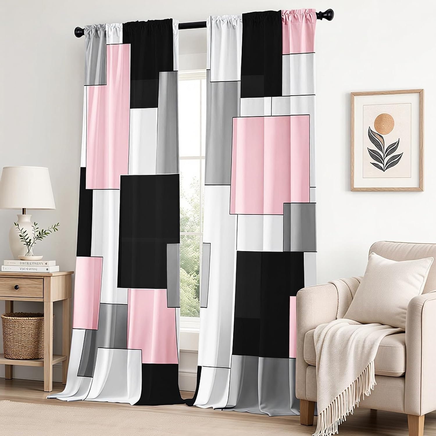 Pink and Black Curtains 84 Length for Living Room Modern Pink Black Geometry Curtains Grey Abstract Rod Pocket Curtain for Bedroom Kitchen Girls Room Window Drapes 2 Panels