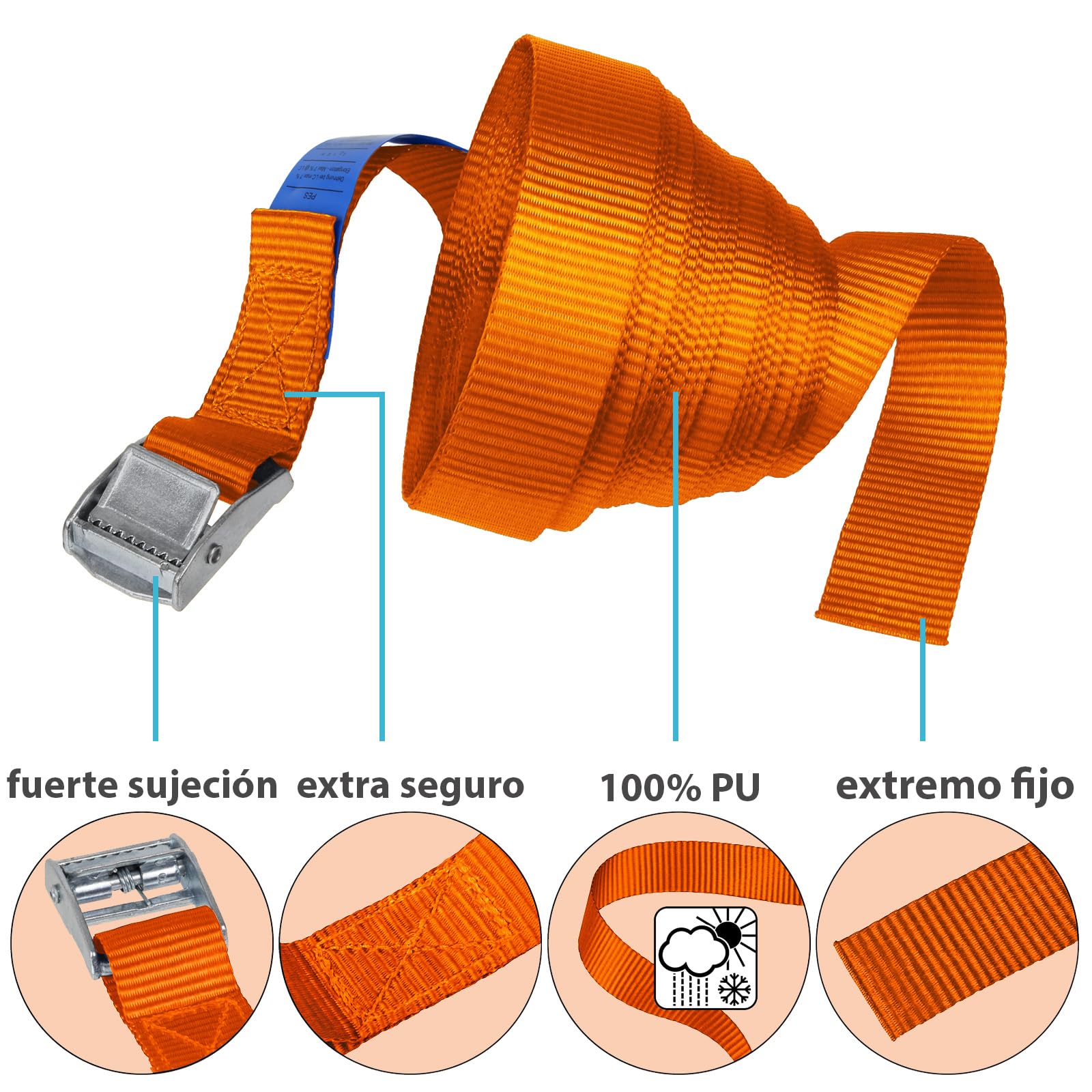 BB Sport Correa de Amarre cinturón de Amarre con Hebilla Resistente a 250 kg DIN EN 12195-2, 4 Piezas 2.5 cm x 2.5 m