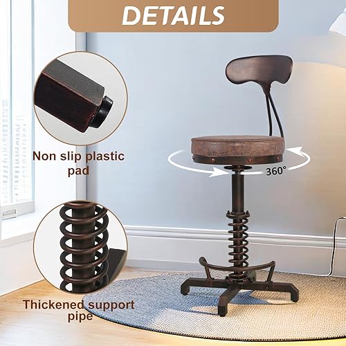 Miniatura 5 de Taburete de bar industrial con respaldo de metal, taburetes de café rústicos con asiento de cuero giratorio, silla de isla de cocina vintage, sillas