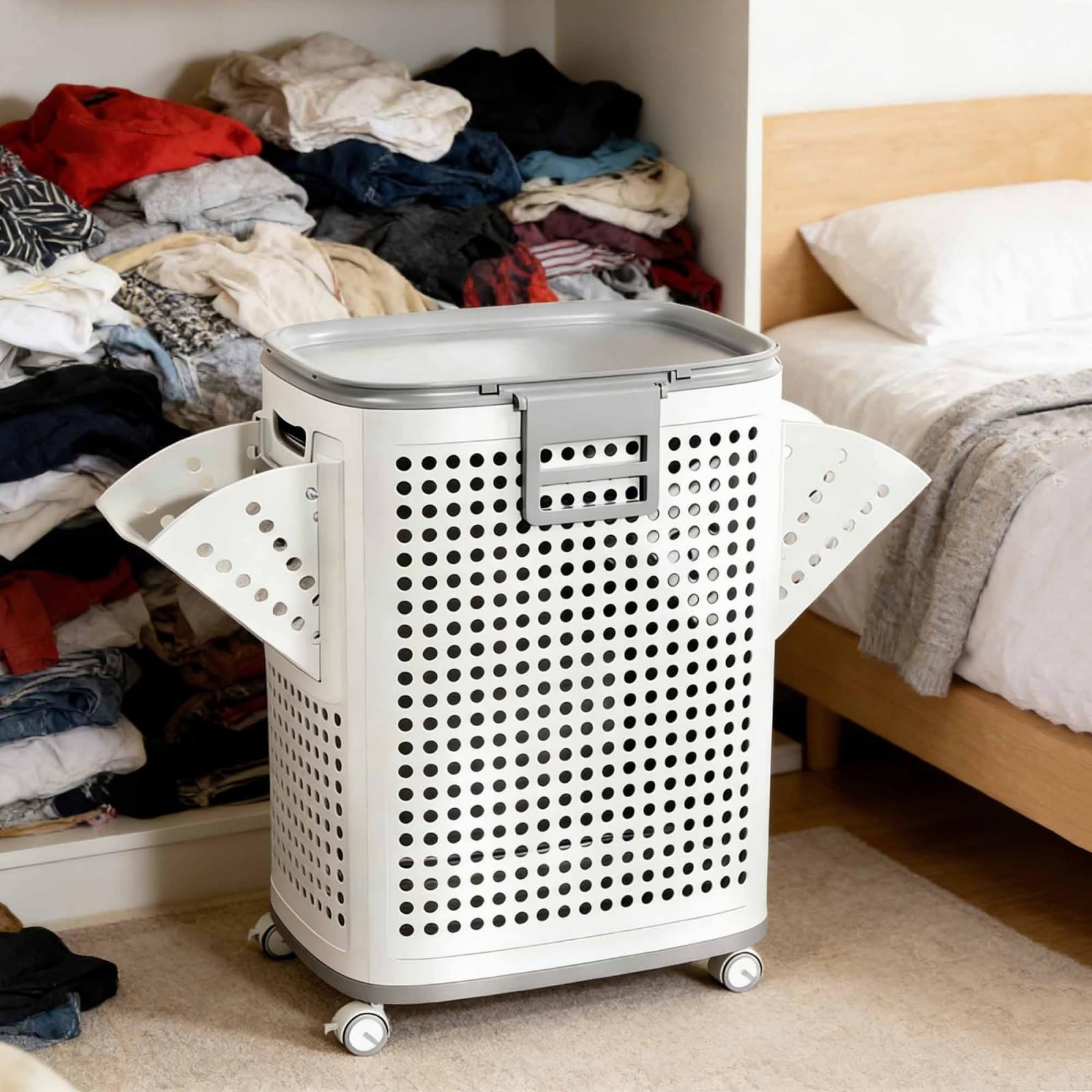 Cesti portabiancheria sporchi di grande capacità, cesto portabiancheria con ruote in PP, cesto separatore per vestiti con coperchio, separatore per biancheria da 70 litri per campeggio