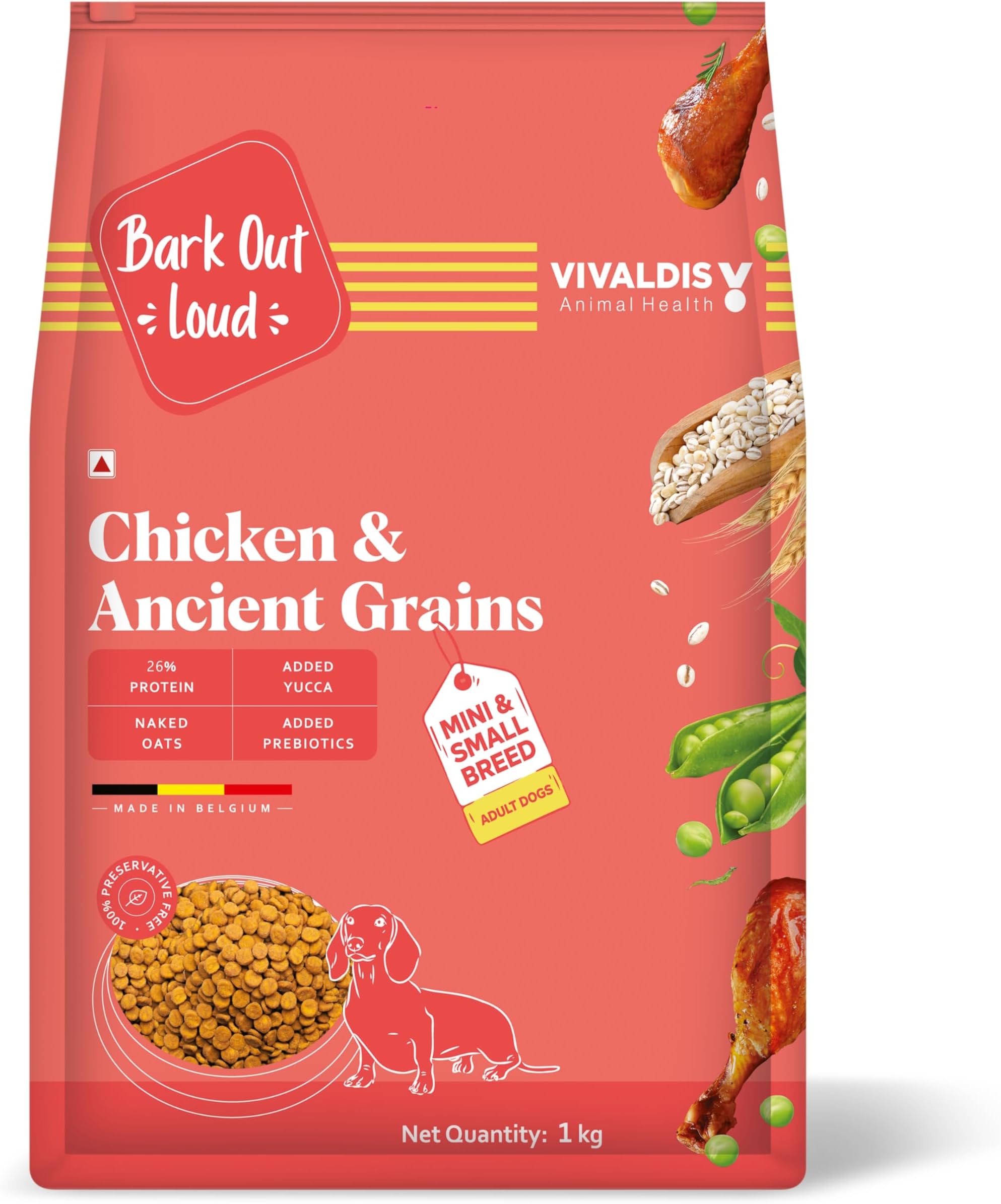- Bark Out Loud Adult Dry Dog Food for Small & Mini Breed – Chicken & Ancient Grains | Low Grain, Antioxidant & Fibre Rich | High Protein Kibbles with Prebiotics & Super Herbs| for Shihtzu, Poodle 1kg
