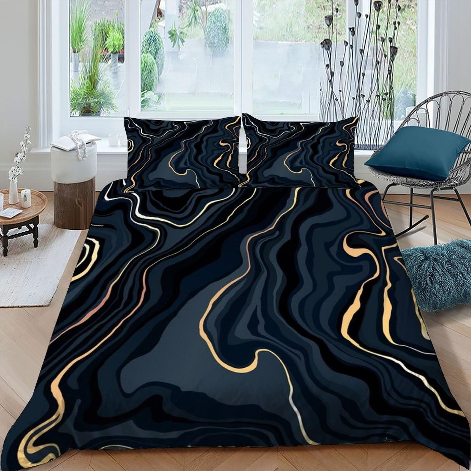 SHEVOVER Black Gold Liquid Ripple Bedding Set with 2 Pillow Shams 3D Print Marble Pattern Soft Microfiber Quilt Cover Set 3-piece with Zipper Closure, for Kids Teenagers Adult Double（200x200cm）
