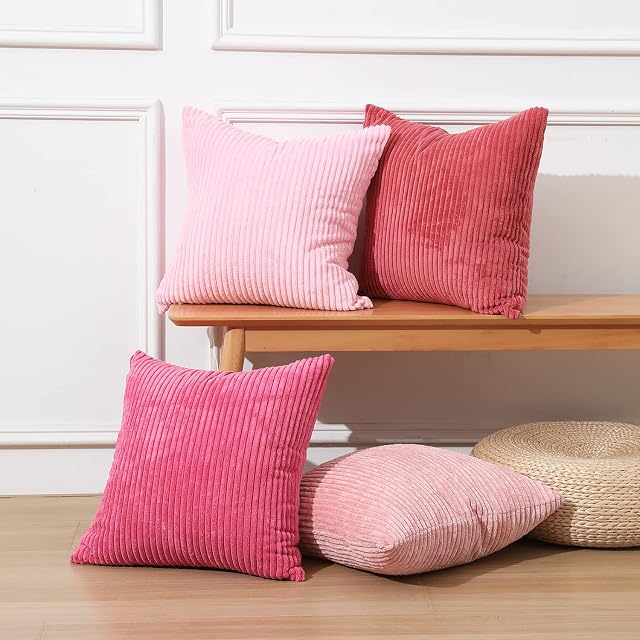 Mandioo Decorative Pink Throw Pillow Covers Cushion Cases 18 x 18,Set of 4 Modern Minimalism Solid Design,Mix and Match Funky Corduroy Pillow Cover for Decor Home Sofa Bedroom Livingroom
