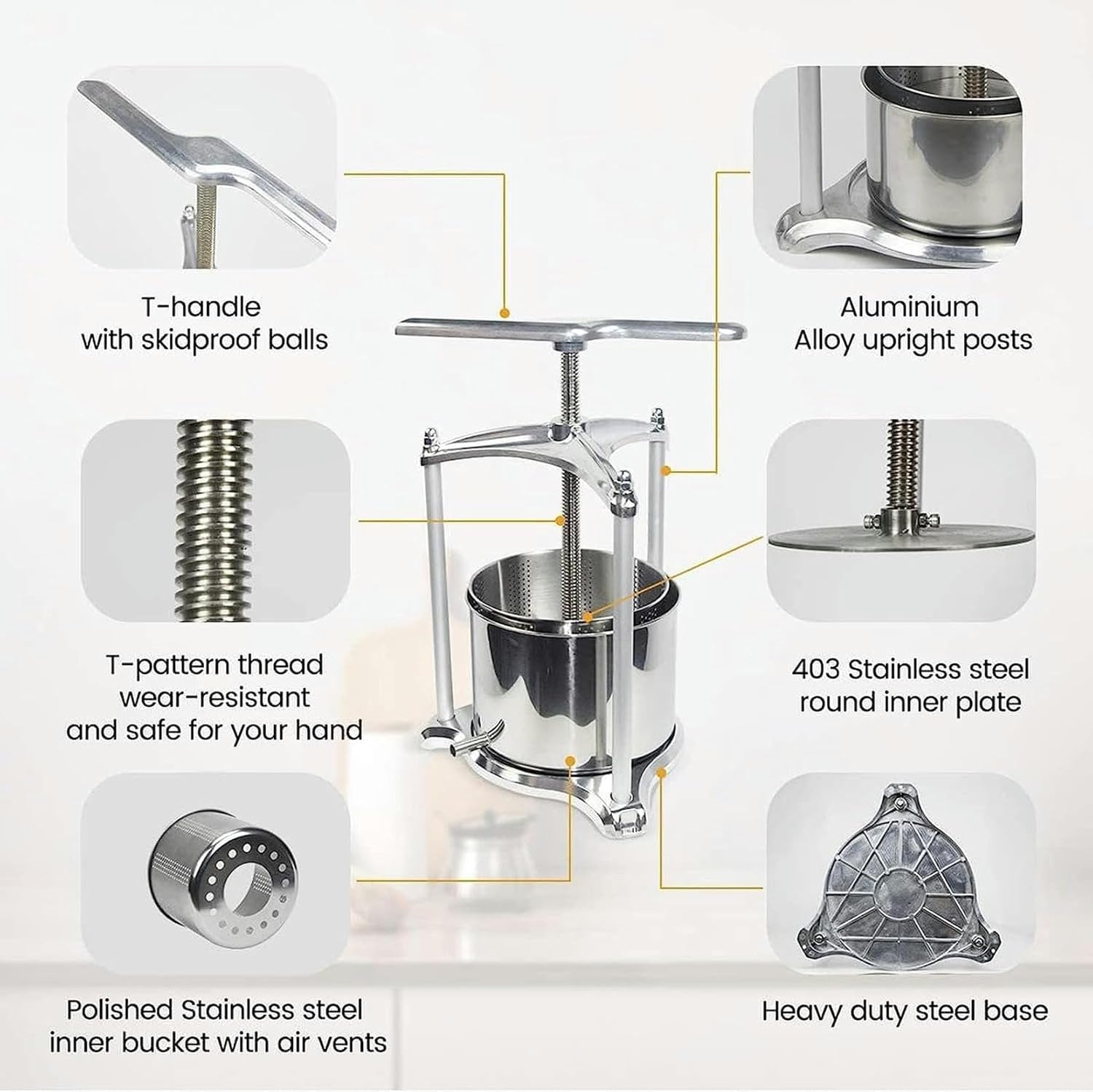 Grape Press, Manual Wine Grinder, Fruit Wine Press with Triangular Structure and T-Handle for Making Wine, Honey, Juice