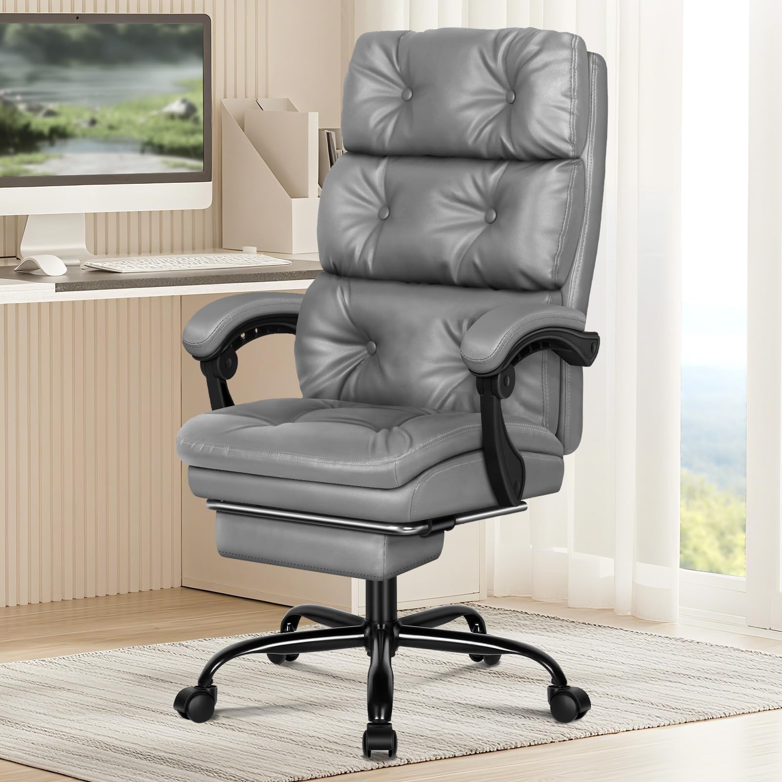 Executive Office Chair with Dual Paddings for Home Office, Ergonomic PC Gaming Chair with Footrest Armrests, Comfy High Back 150° Reclining Computer Chairs, 180KG Loads, PU Leather, Grey