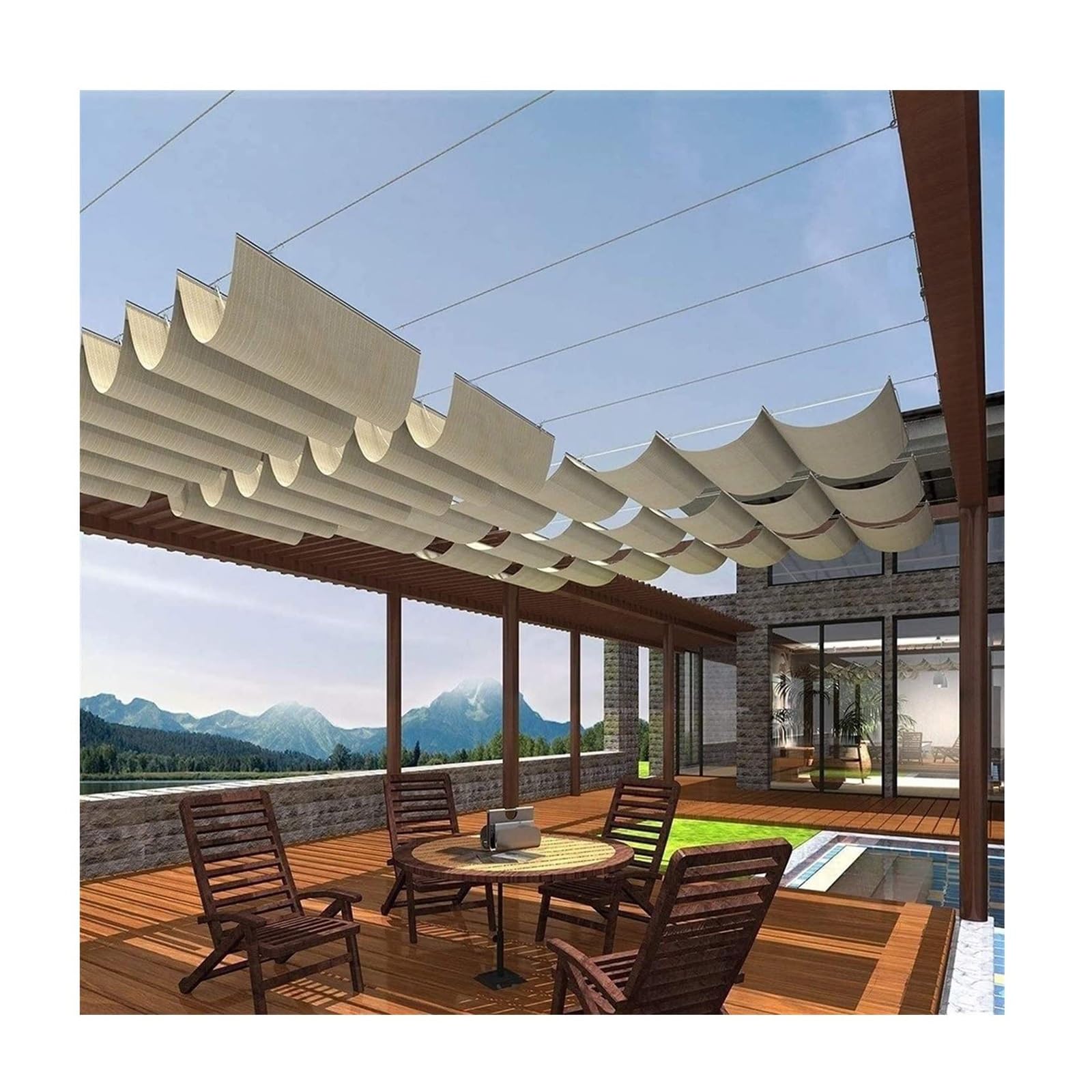KLGFBDC Retractable Pergola Shade Cover U-Shaped Awning Replacement Wave Sunshade Net for Patio 1.5m x 10m (4.92ft x 32.8ft) Outdoor Shade Solution