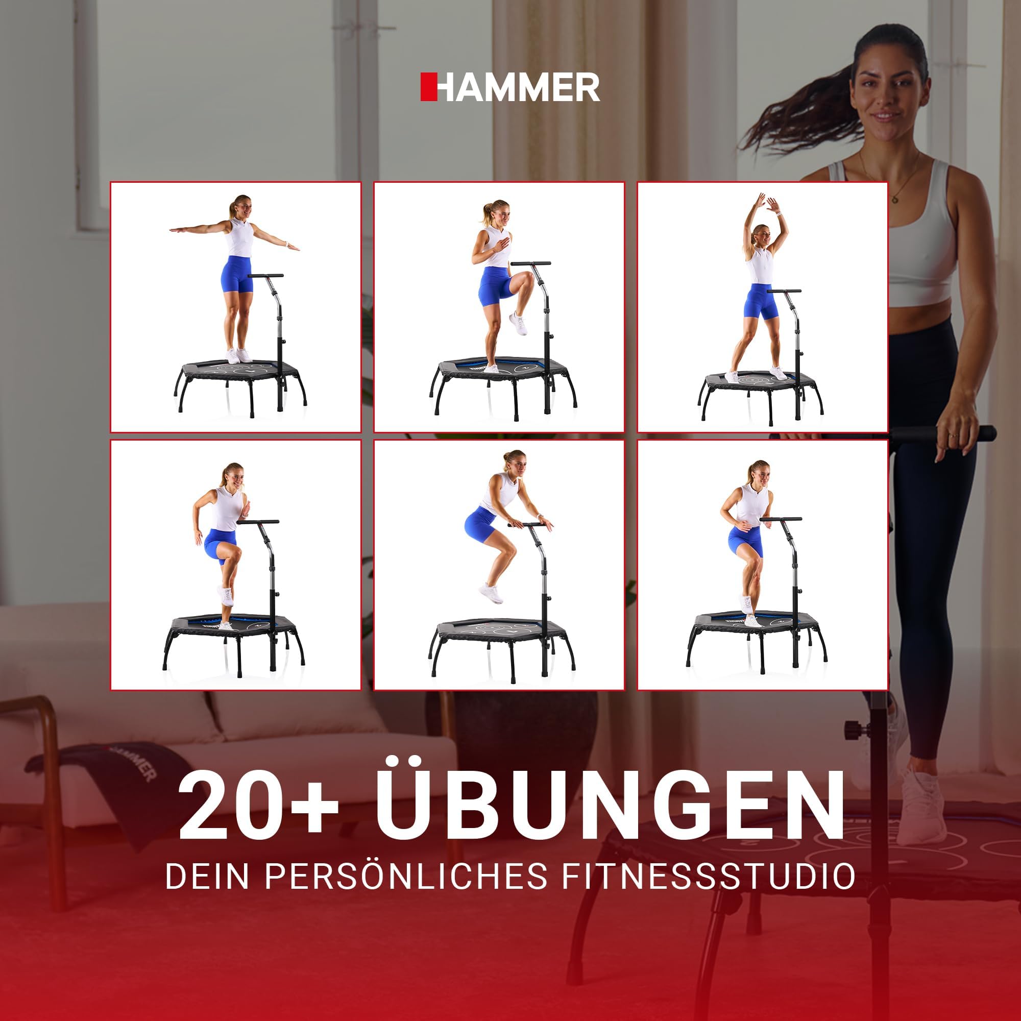 HAMMER Fitness-Trampolin Cross Jump, 98 cm Sprungfläche, patentierte Technik, mehrfach höhenverstellbarer Haltegriff, leistungsstark bis 130 kg Benutzergewicht