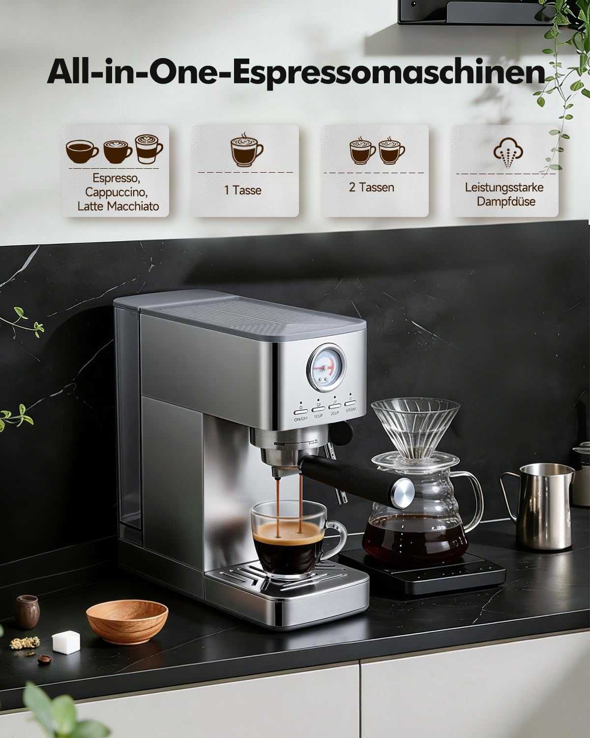 HAUSPROFI Siebträgermaschine Espressomaschine 15 Bar Manometer 1,4L Wassertank Kaffeemaschine Silber
