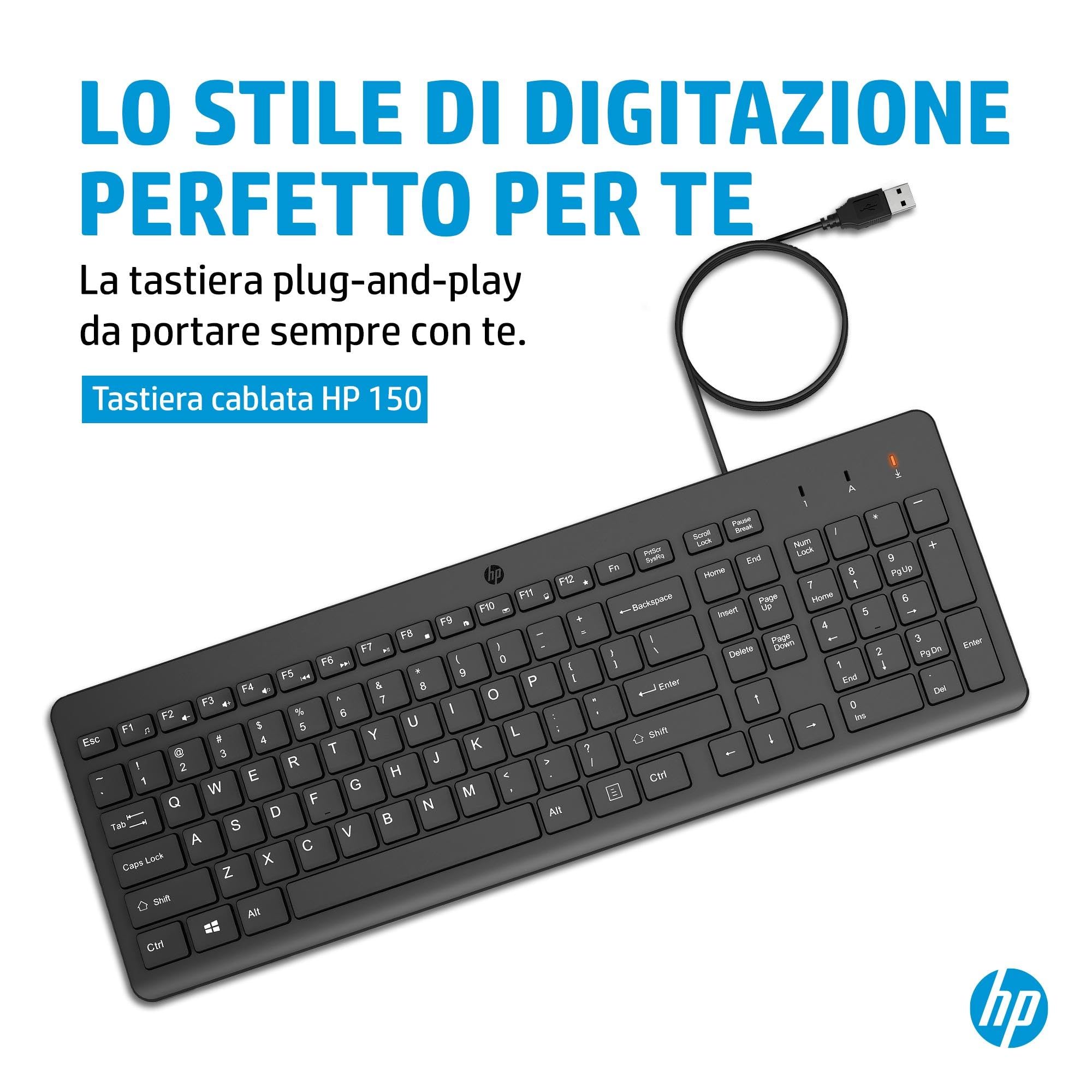 HP 150 Tastiera Cablata, Connessione con Cavo USB-A con la Lunghezza di 1 m, 12 Tasti Programmabili, Tastiera Qwerty, Layout Italiano, Compatibile con Windows 10 e 11, Nera