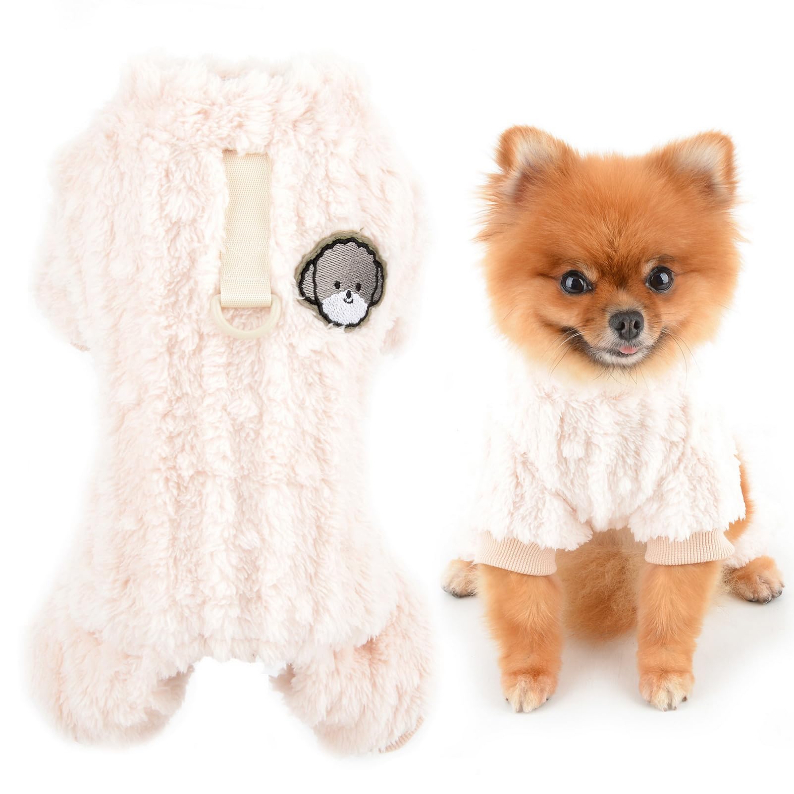 SMALLLEE_LUCKY_STORE Cute Fleece Pajamas Pjs for Small Dog Cat Puppy Four-Leg Jumpsuit Sweater with D-Ring Warm Soft Pet Apparel Chihuahua Yorkie Fall Winter Clothes,Khaki,M