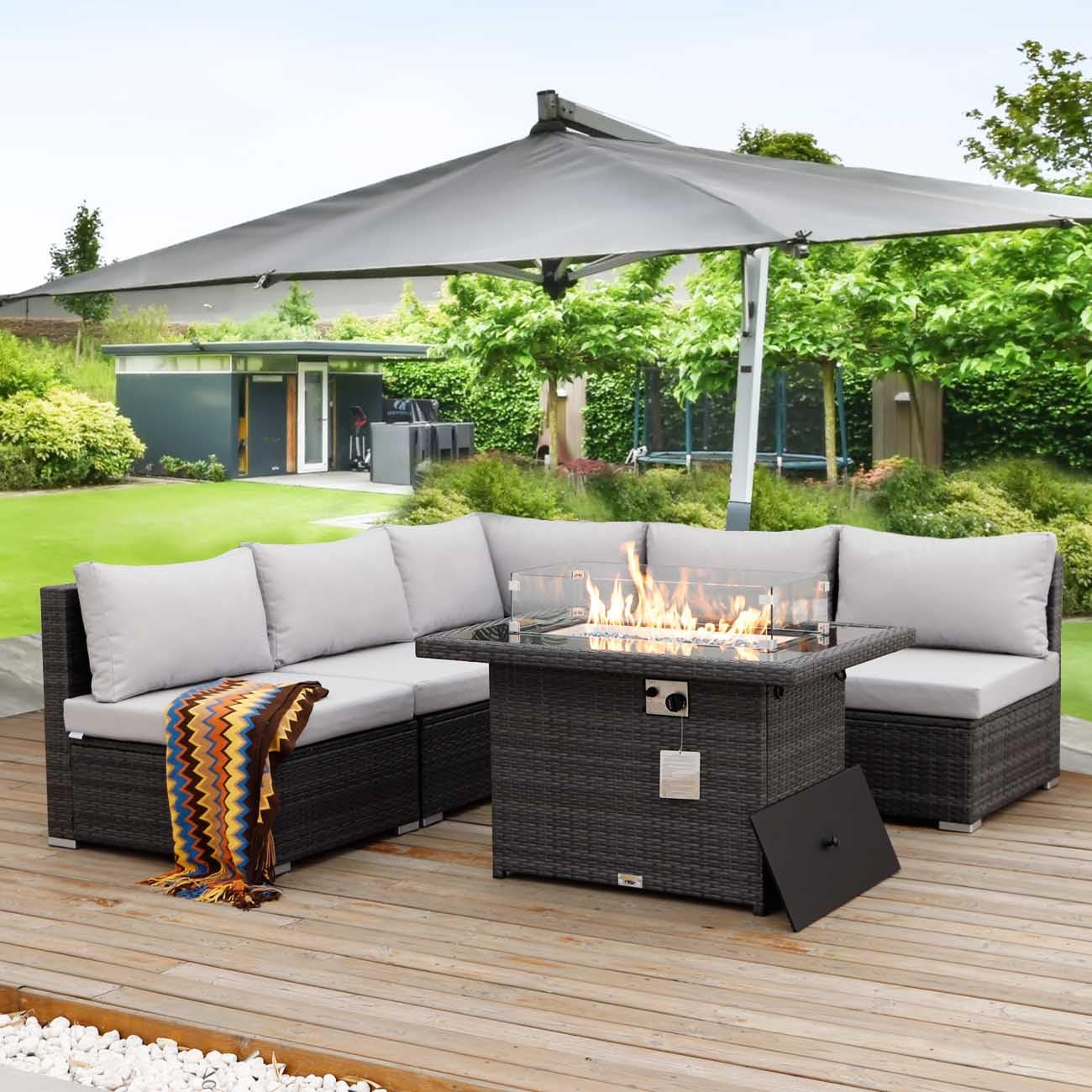 Nicesoul 6 Piece L Shaped Outdoor Patio Set with Firepit Table Natural Gas & Propane Convertible, 29.3'' High-Back Rattan Sectional Sofa, All Weather