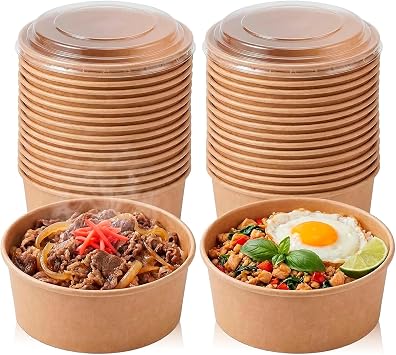 Asdays Disposable Bento Boxes, Disposable Donbell, Disposable Containers with Lids, Lunch Box, Kraft Paper Bowls, Paper Plates 750ml, Set of 30
