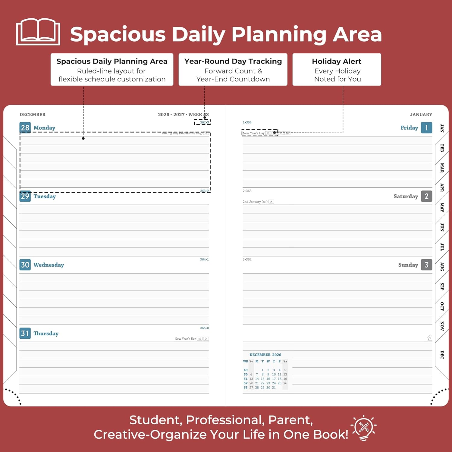 Planner 2026-2027 Daily Weekly and Monthly,8.5"x6.5",18 Months Spiral Bound Calendar Agenda with Self-adhesive Pen Holder,2026 Academic Plan with Vegan Leather Soft Cover,Red