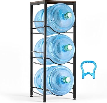 VEVOR 5 Gallon Water Jug Holder for 3 Bottles, 4-Tier 3 or 5 Gallon Water Bottle Holder with Top Shelf, Handle, Heavy Duty Jug Rack Organizer, Detachable for Kitchen, Home, Office, Black+Brown