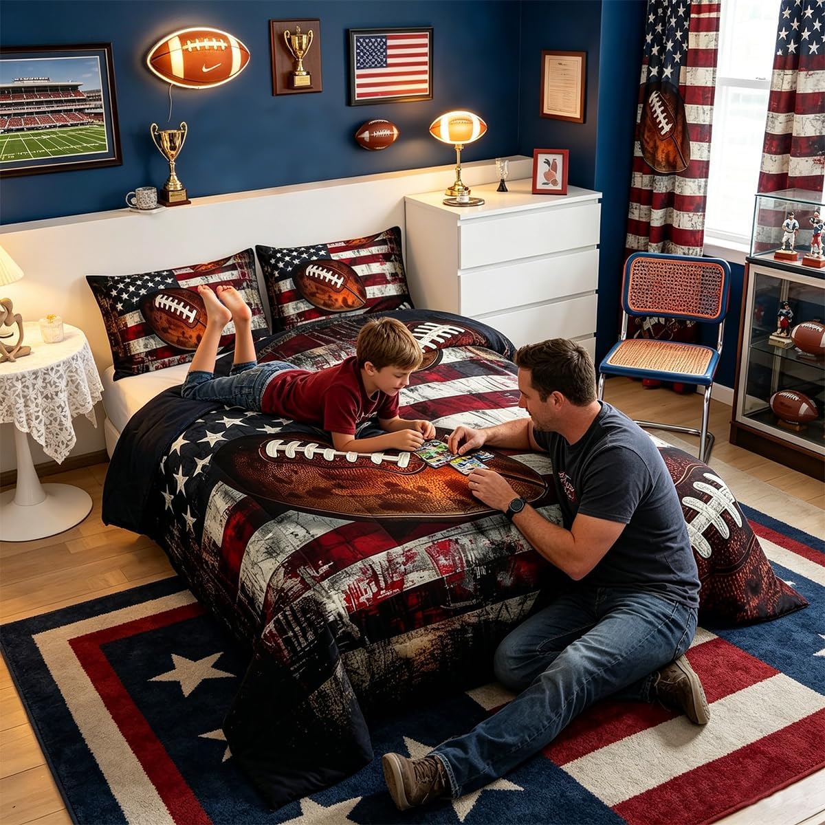 Feelyou Football Comforter Set Queen Size Kids American Flag Comforter for Boys Girls Teens Rugby Gaming Sports Bedding Set Sports Theme Quilt Set