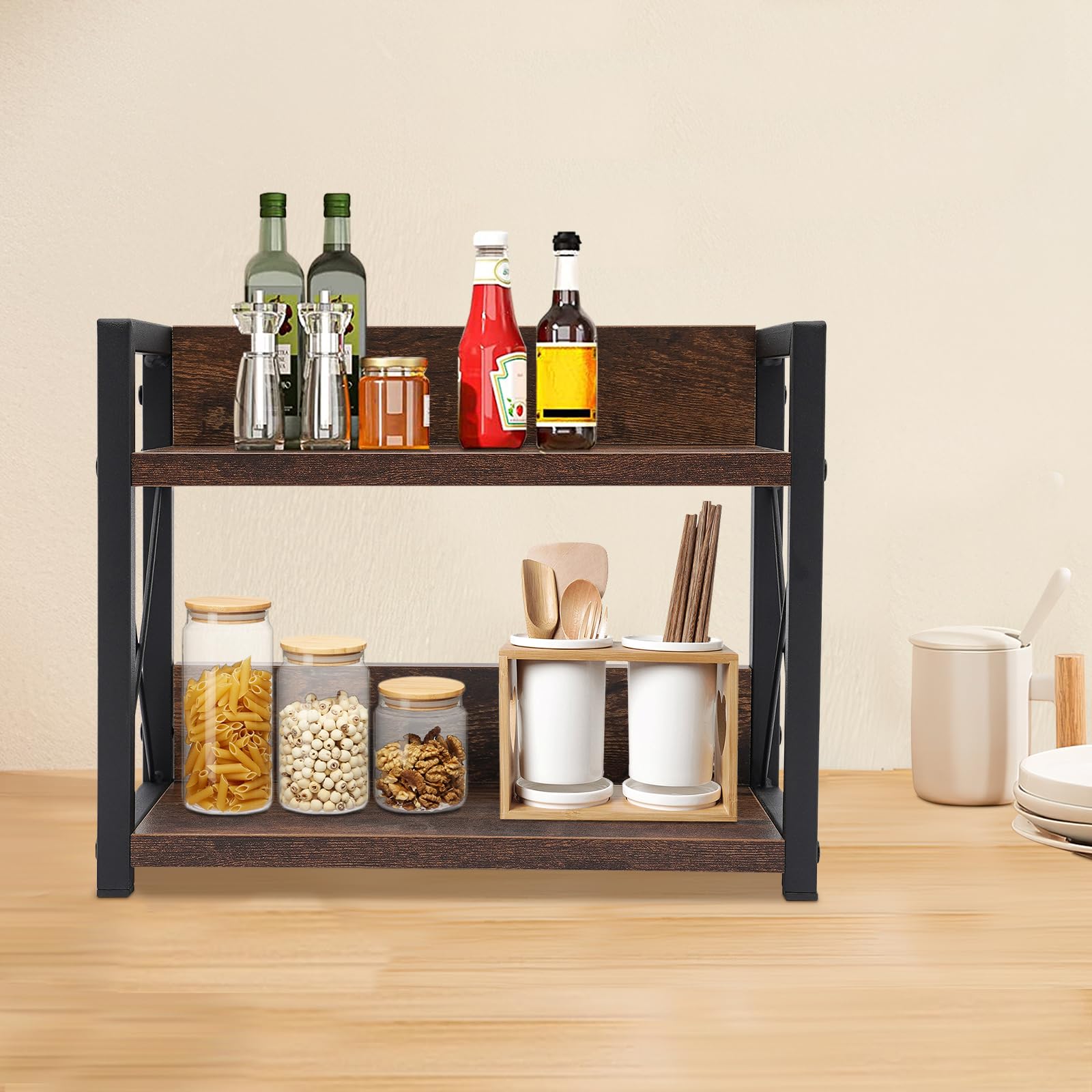 Gewürzregal, Küchenregal Stehend aus MDF und Eisen, 2 Etagen Gewürzständer für Arbeitsplatte, Stabiler Küchen Organizer mit 30kg Belastbarkeit, Rutschfest, Braun, 30x15,75x26,42cm