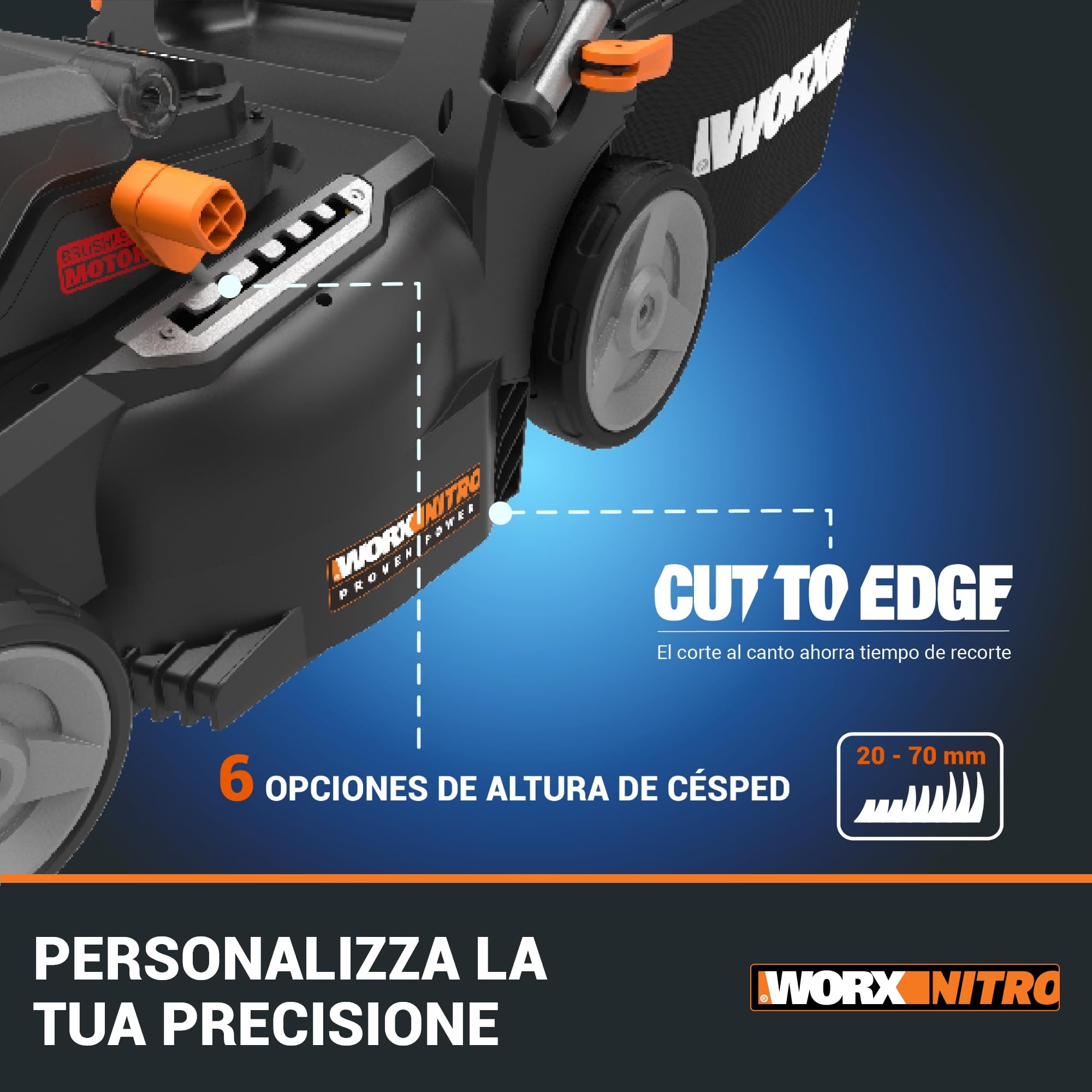 Worx WG737E Cortacésped Nitro Brushless 40V 37cm 2 Baterías | Cortacésped inalámbrico 40V Nitro motor brushless, 37cm corte, 6 alturas, saco 40L. Compatible PowerShare WORX.