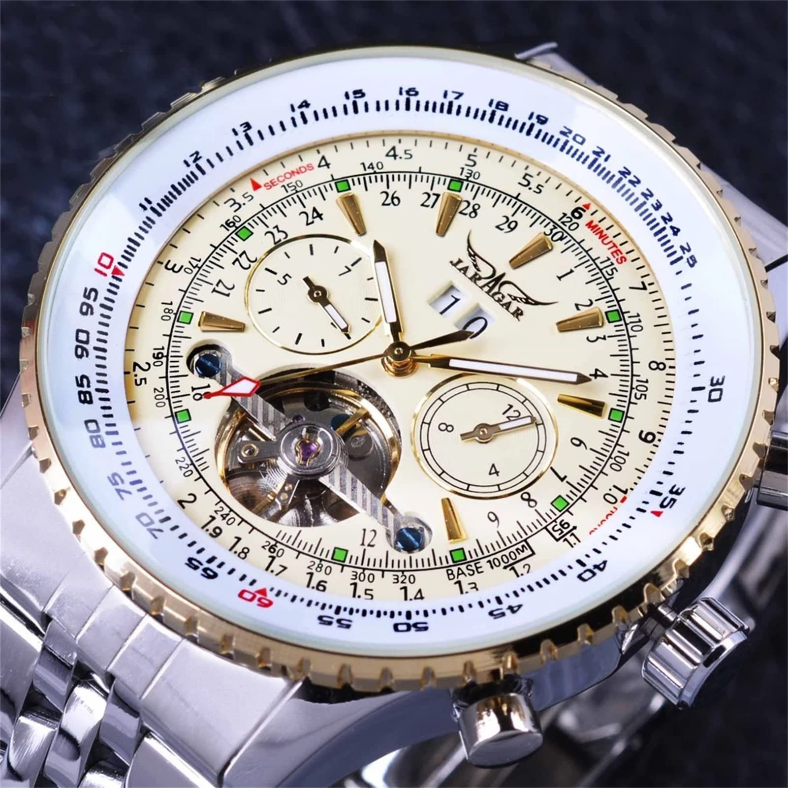 FORSINING Herren-Armbanduhr, selbstaufziehend, automatisch, wasserdicht, Edelstahl, mechanische Armbanduhr, Skelett, Tourbillon, Kalender, Datum
