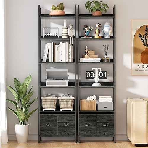 Miniatura 2 de Furologee Estantería de 6 niveles, estantería alta con 2 cajones, organizador de almacenamiento de exhibición industrial, estante de almacenamiento