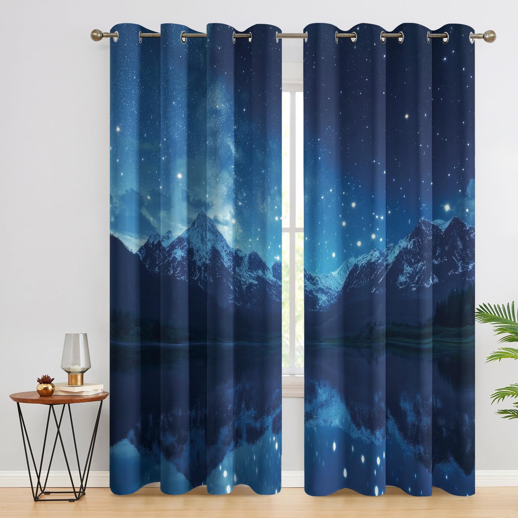 Berg-Vorhänge für Schlafzimmer und Wohnzimmer, 167 x 137 cm (B x H), Sternenhimmel-Verdunkelungsvorhänge, Landschafts- und Naturmotiv Vorhänge Botanischt Thermo Gardinen mit Ösen, 2er Set