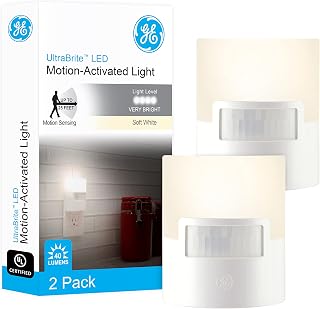 GE LED Motion Sensor Night Light, Plug-in, 40 Lumens, Warm White, UL-Certified, Energy Efficient, Ideal Nightlight for Bedroom, Bathroom, Kitchen, Hallway, 46632, White, 2 Pack