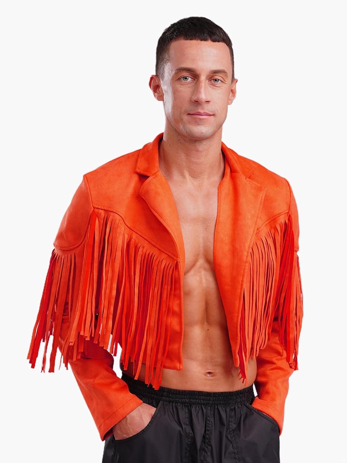 TiaoBug Western Cowboy Fringe Jackets for Men Suede Cropped Jacket Hippie Costumes Club Party Outfits
