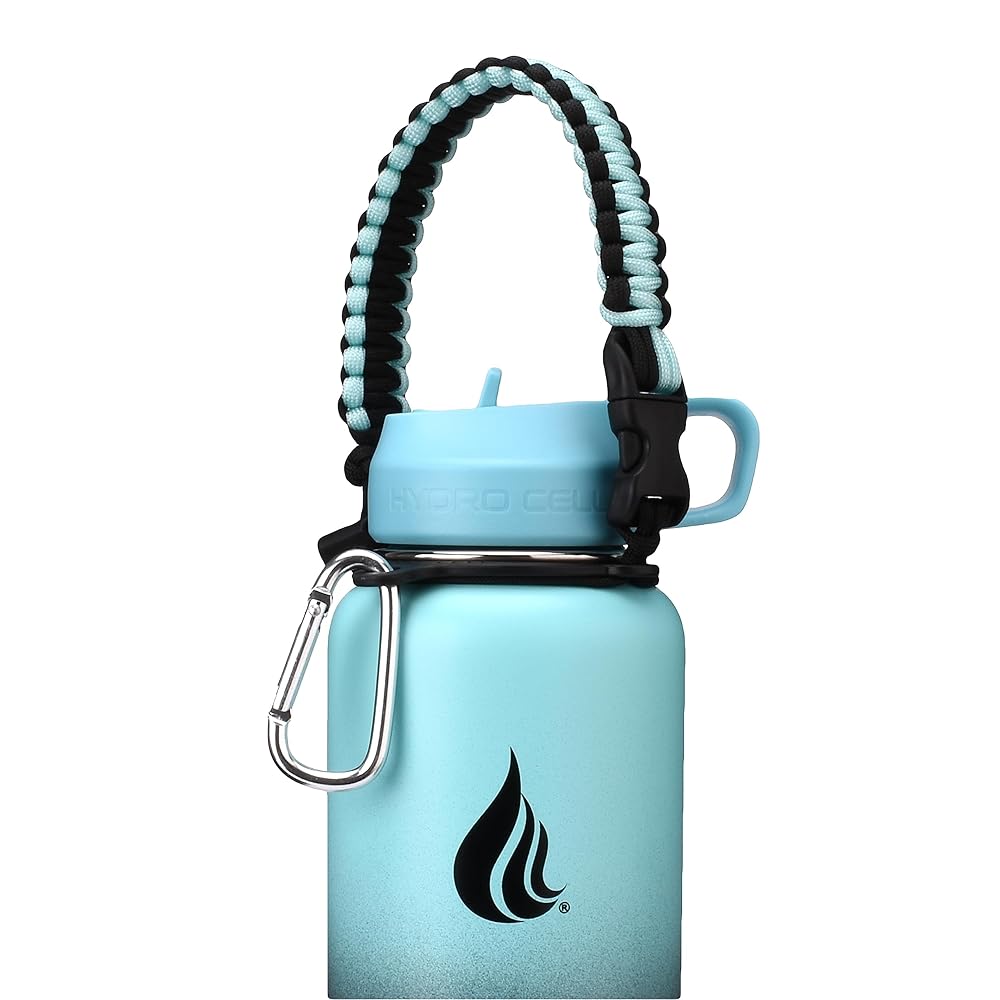 HYDRO CELL Paracord Handle for Wide Mouth Water Bottles - Carrier Strap w/Attachment Ring and Carabiner Accessory. Compatible w/ 64oz, 40oz 32oz, 24oz, 18oz, 14oz Insulated Bottles (Teal/Black)