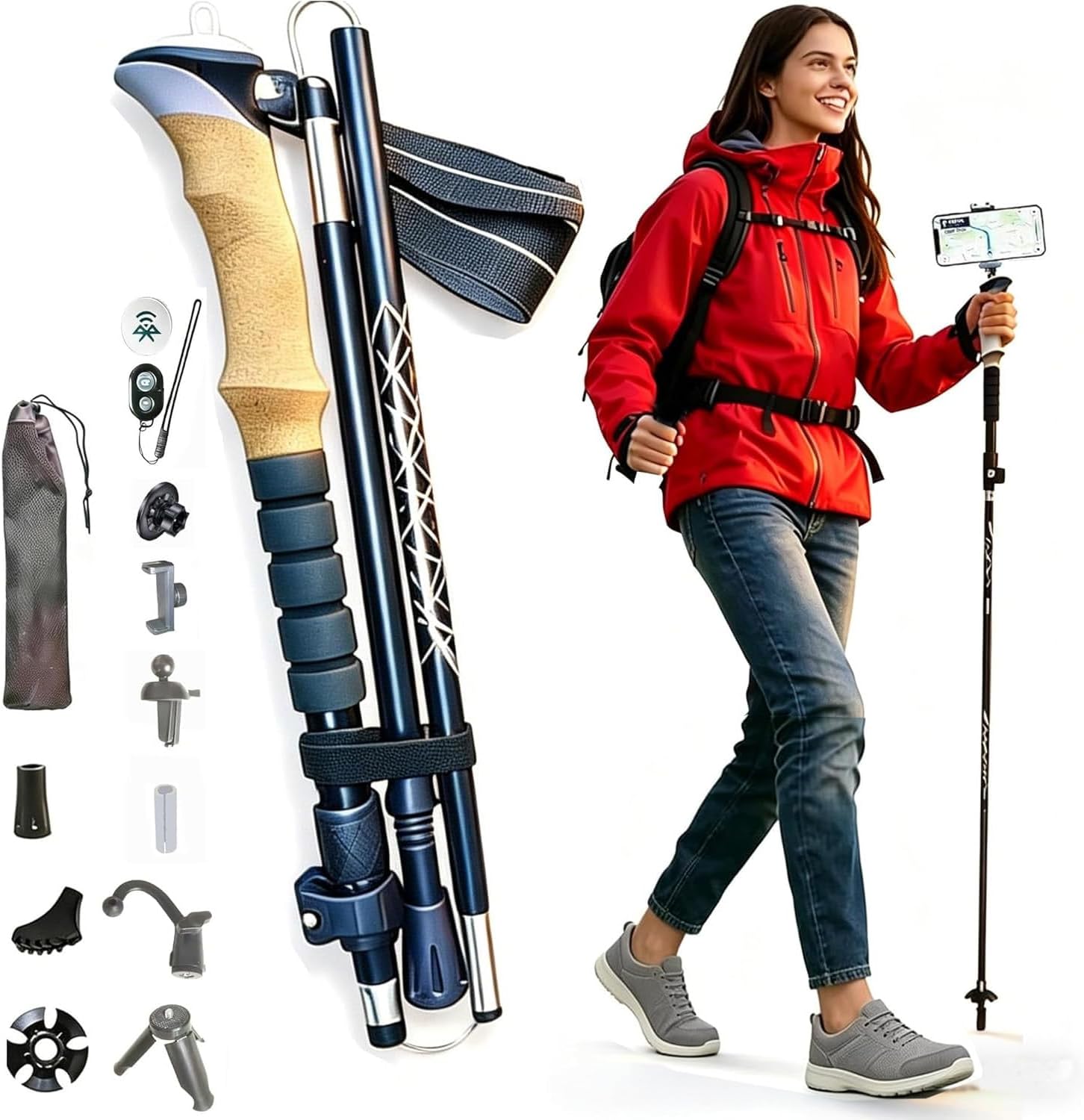 Foldable Trekking Poles with Quarter Inch Thread for Hiking (1, Black, with Phone Holder)