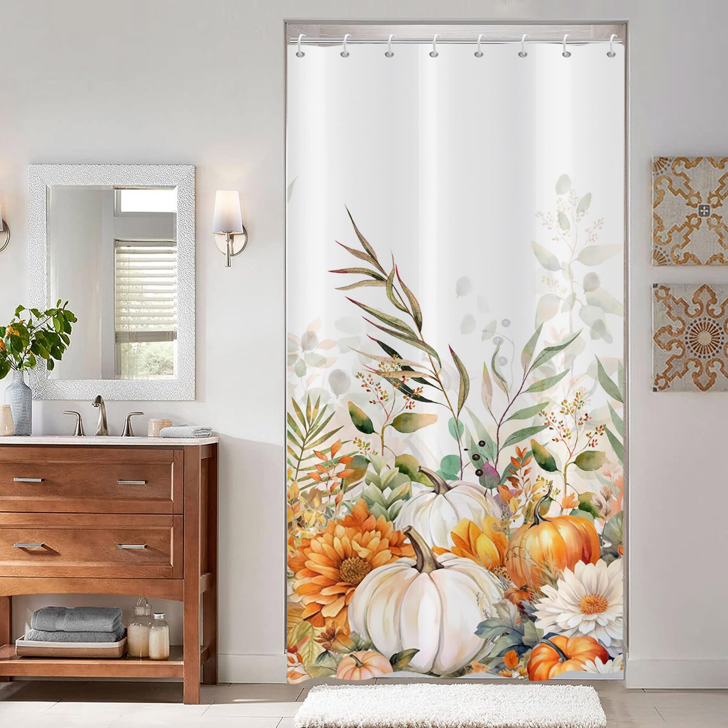 ASDCXZ Autumn Shower Curtain 120x200 cm, Autumn Harvest Orange Pumpkin Flower Leaves White Bath Washable Narrow Shower Curtains Polyester Textile Waterproof Shower Curtain for Bathtub with 8 Hook — image 1