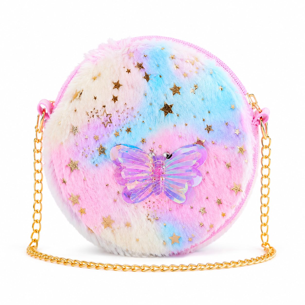 Kids Round Plush Sling Bag with Butterfly & Star Print v-picture-10