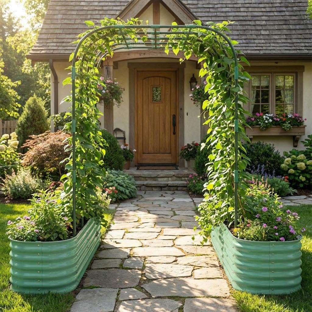 Metal Garden Arch with Raised Bed, 244cm H x 180cm W Heavy Duty Wide Garden Arbour with Vertical Netting, Plant Ties, and Drainage Design, Decoration Trellis Stand for Roses, Climbers, Vegetables