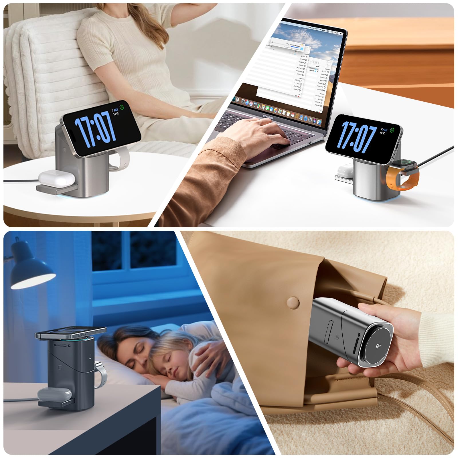 Stazione di ricarica a induzione 3-in-1 QI2, di ricarica wireless, la ricarica rapida, supporto per telefono compatibile con iPhone, AirPods, iWatch, con ventola di raffreddamento 33 W argento