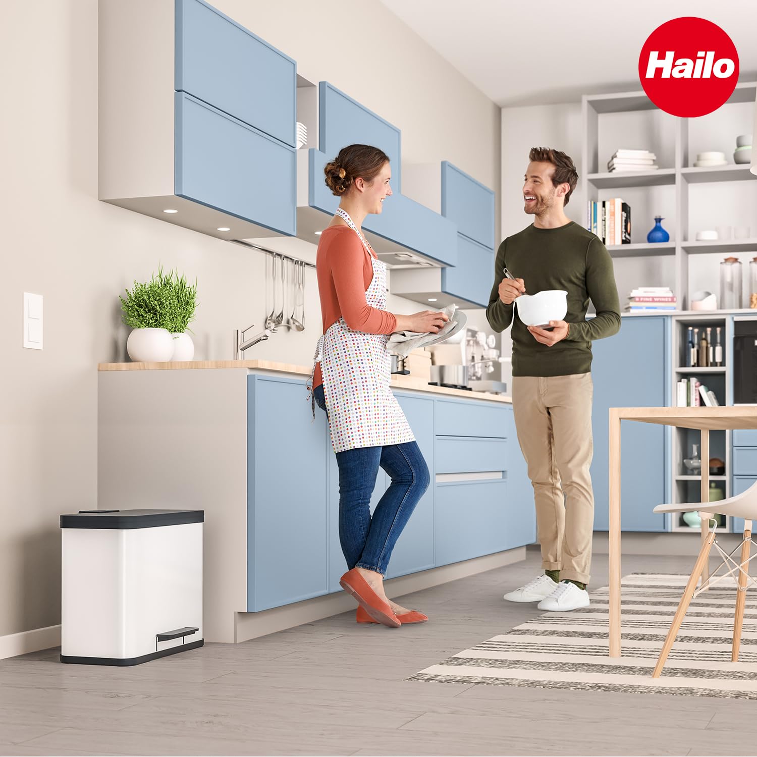 Hailo Eco duo L Treteimer mit Soft Close Funktion, 2x14 Liter, Weiß | Treteimer mit Pedal, 2 Kunststoff Inneneimer, Made in Germany, Stahlblech, rechteckig
