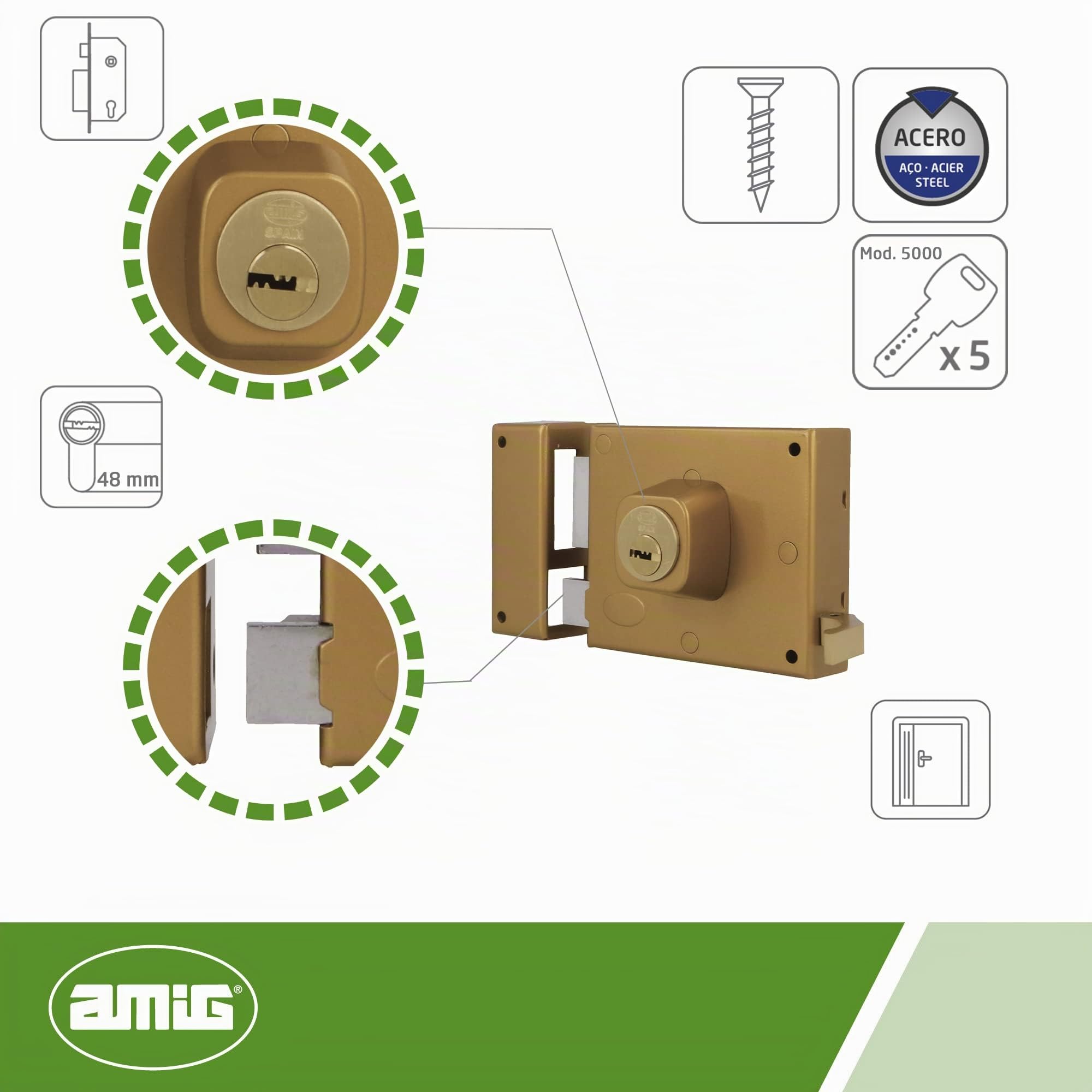 Amig - Cerradura de Sobreponer de Izquierda con Palanca de Cierre, Lengüeta y Tirador para Puertas de Madera Mod. 73, 100 x 85 mm, Pestillo Con Cilindro Europerfil, Acero Dorado