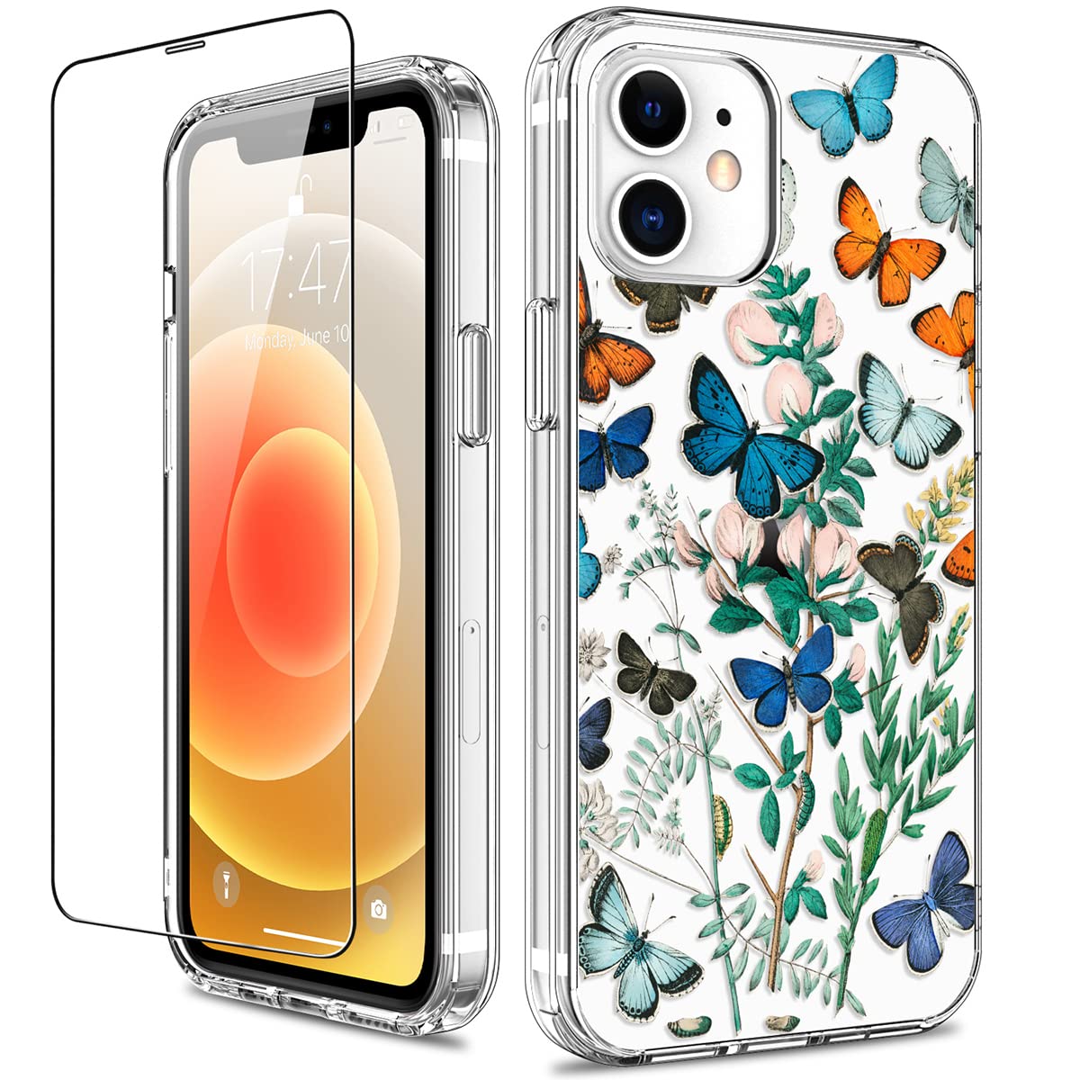 GiiKa for iPhone 12 Case, iPhone 12 Pro Case with Screen Protector, Clear Full Body Protective Floral Girls Women Shockproof Hard Case with TPU Bumper Cover Phone Case for iPhone 12, Butterfly Flower