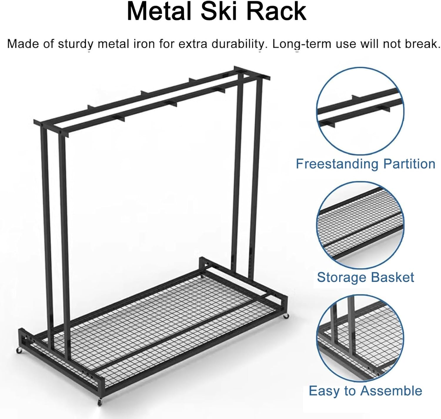 Commercial Snowboard Storage in A Garage, Freestanding & Movable Ski Organizer Rack with Wheels, Heavy-Duty Skateboard Display Stand Holder, Holds 4 6 8 10 Pair Skis(93x60x120cm)