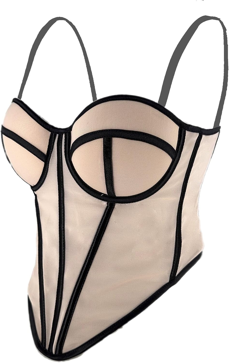 ELLACCI Women's Khaki Mesh Corset Top with Black Trim Spaghetti Strap Push-Up Bustier Tops