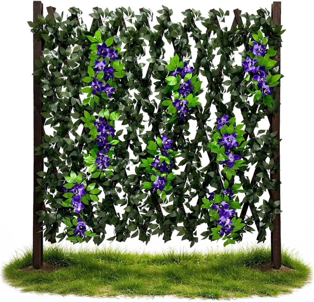 86 York Expandable Wooden Privacy Fence with Artificial Flowers & Greenery, In-Ground Decorative Outdoor Privacy Screen to Hide AC Units & Trash Cans, Garden & Yard Decor Panel