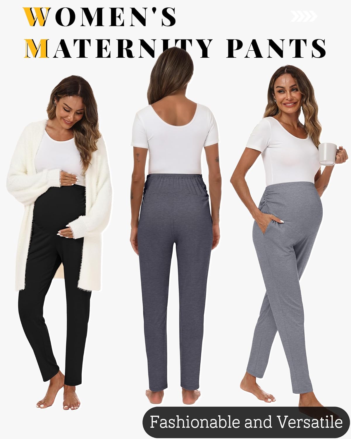 3 Pack Women's Maternity Pants Pregnancy Leggings Over The Belly Wide Waist Pant Pocket Ruched Work Casual Trouser - Image 3