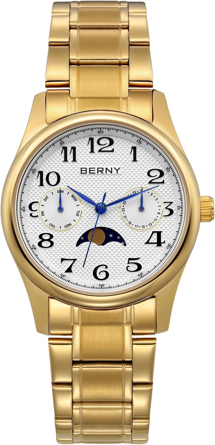 BERNY Gold Watch for Women Moon Phase Watches Ladies Quartz Wristwatch Easy Read Arabic Numerals Dial Multi-Function Analog Watches Stainless Steel Case Sub-dail with Date Day Calendar - Image 7