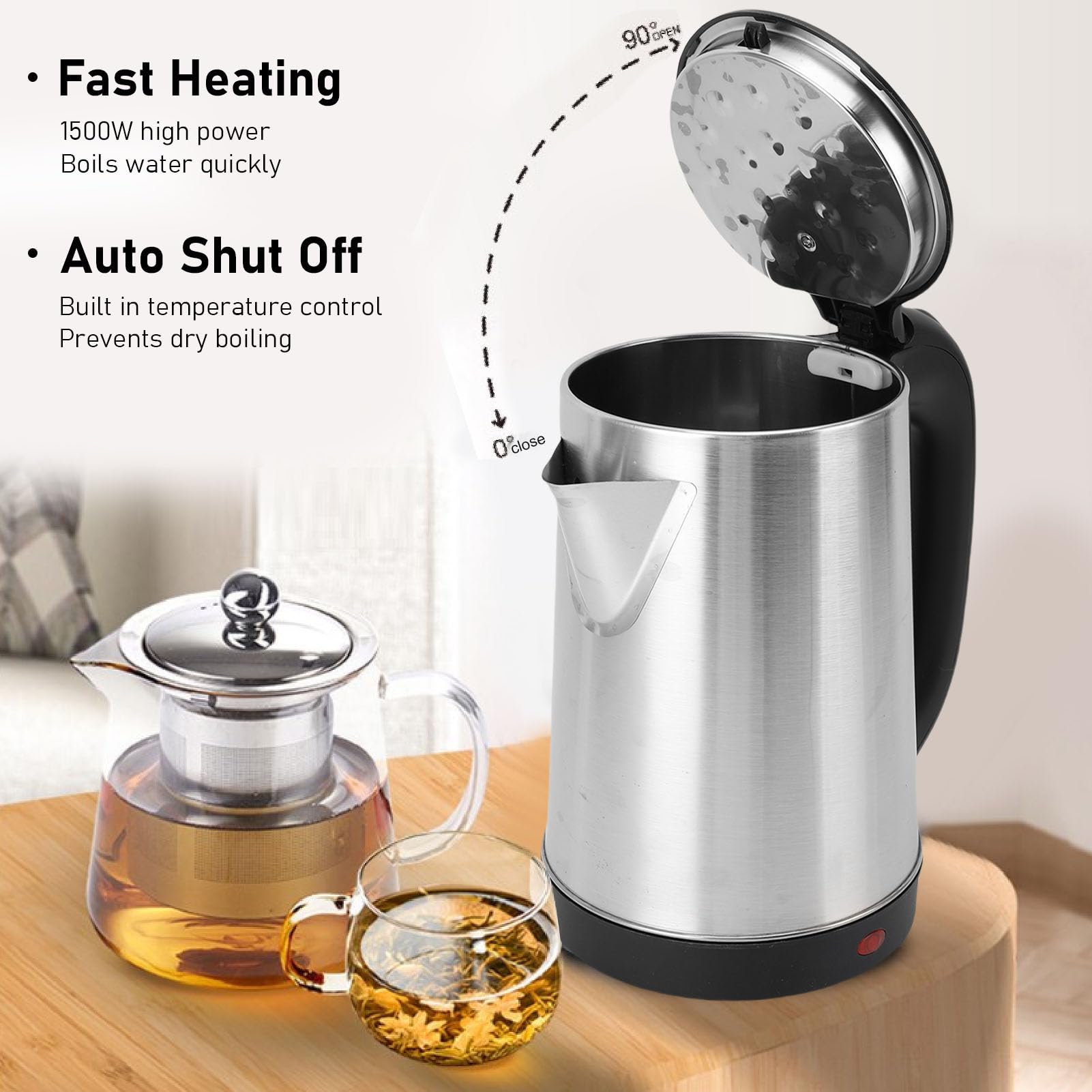 Yosoo Electric Tea Kettle, 2L Stainless Steel Water Boiler with 1500W Power, Double Layer Insulation, Auto Shut Down, Ideal for Office, Family Use (US Plug)