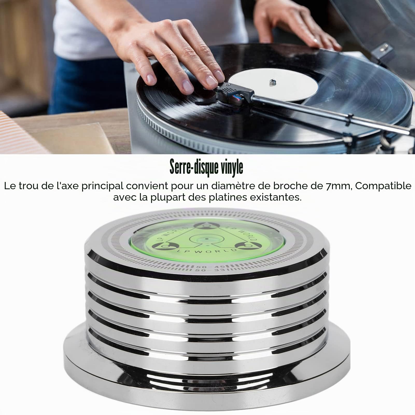 Stabilisateur de Disque Vinyle, Stabilisateur de Poids Record, Pince à Disque en Aluminium avec Mise à Niveau à Bulle pour Tourne-disque LP 50 Hz, Stabilisateur de Disque pour Platines(Argent)