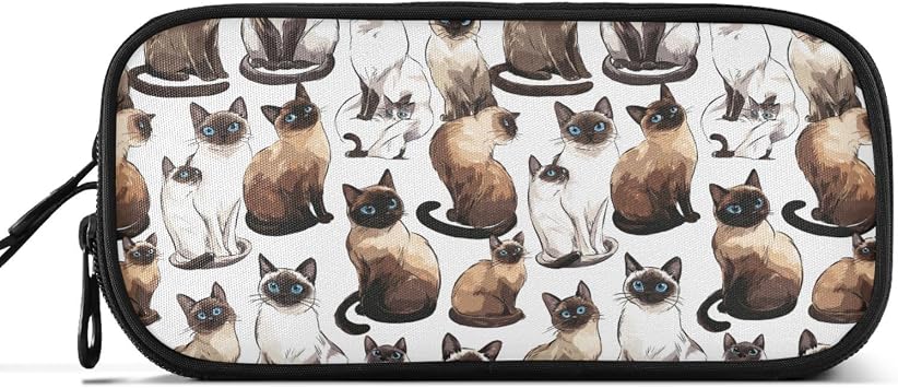 Pencil Case Cute Siamese Cats Pen Bag 3 Compartment Pencil Pouch Big Capacity Pencil Box Cosmetic Organizer for Kids Teens Adults