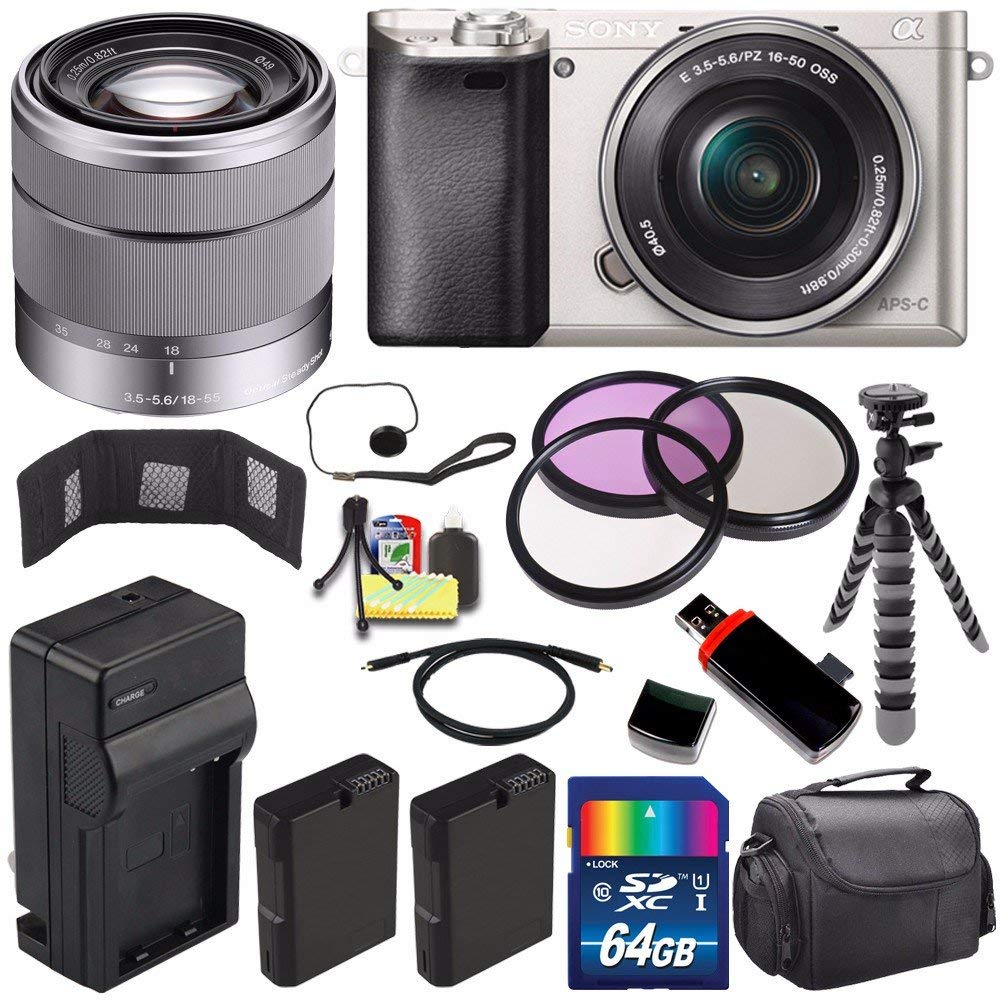 Sony Alpha a6000 Mirrorless Digital Camera with 16-50mm Lens (Silver) + Sony SEL 1855 18-55mm Zoom Lens + 64GB Bundle 15 - International Version (No Warranty)