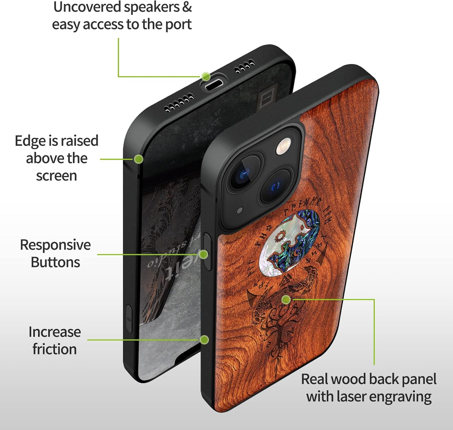 Carveit Designer Wooden Protective Case for iPhone 13 Mini Magnetic Cover [Wood Engraving & Shell Inlay] Unique Wood Phone Case Compatible with 13 Mini MagSafe 5.4 Inch (Wolf-Rosy)