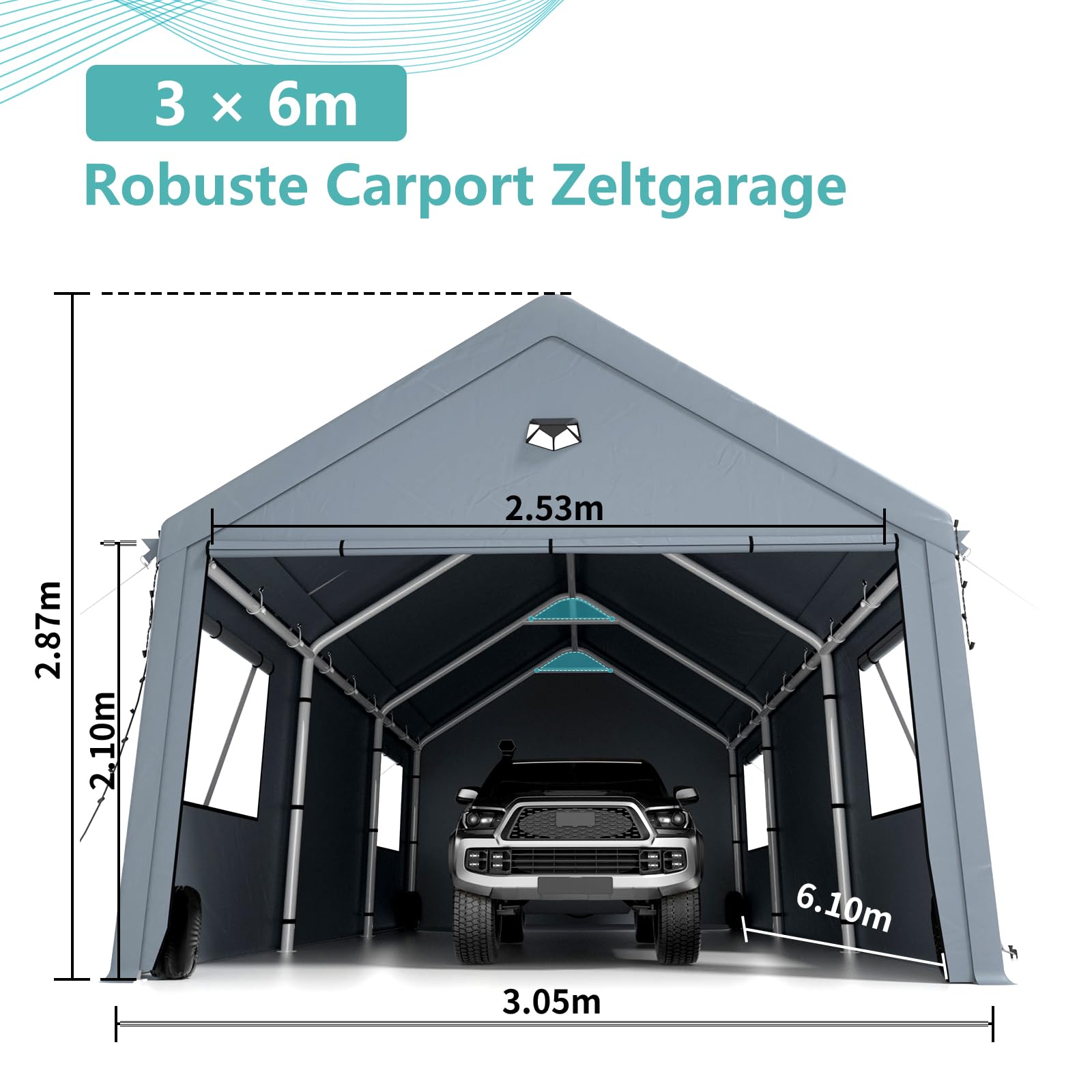 Carport Garage 3 x 6 m - Tenda da Garage Extra Grande Resistente All'Inverno Con Finestra Roll-Up per Auto, SUV, Barche e Camion - Pareti Laterali e Tetto Rimovibili - Magazzino